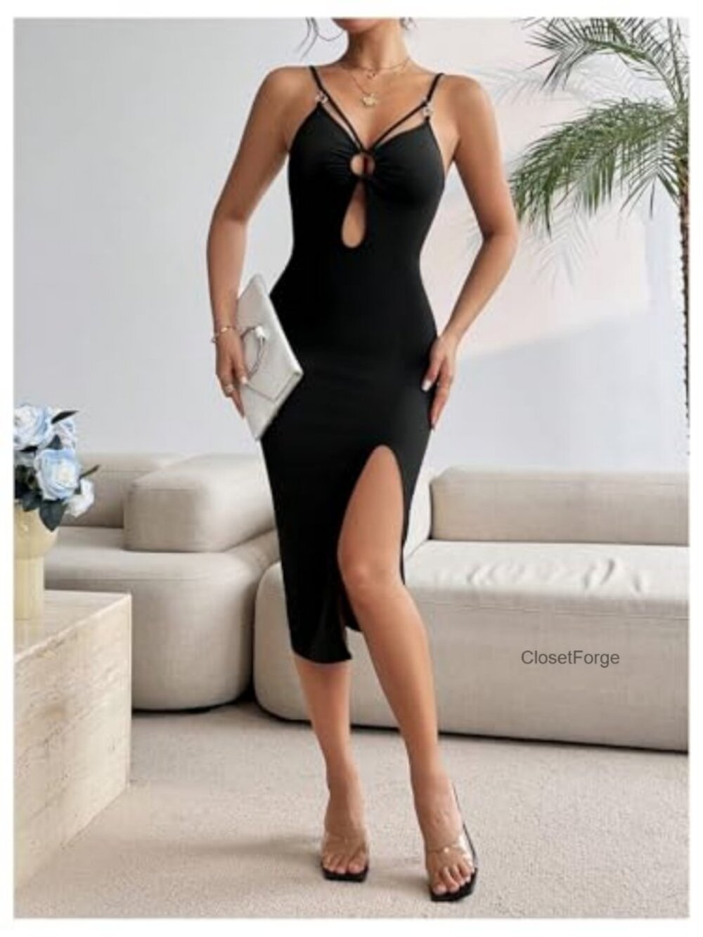 SHENHE Spaghetti Strap Bodycon Midi Dress O-Ring Cutout Slit - Picture 4 of 4